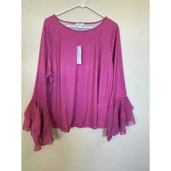 Shavonne Dorsey Gravity Knit Top With Ruffled Chiffon Sleeves Pink Size XL - Picture 2 of 7